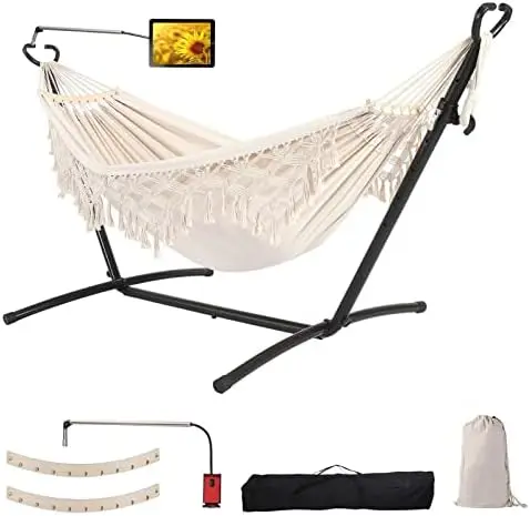 

Hammock with Stand Upgraded Phone Holder Portable Heavy Duty Stainless Steel Indoor Outdoor Yard Beach with Carrying Case （20