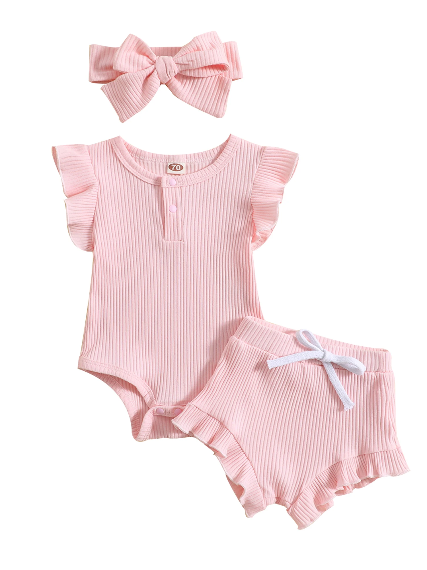 Ribbed Knit 2 Piece Outfit Shorts Baby Girl Romper Solid Color Button Bodysuit Ruffle Bloomer Infant Headband Set