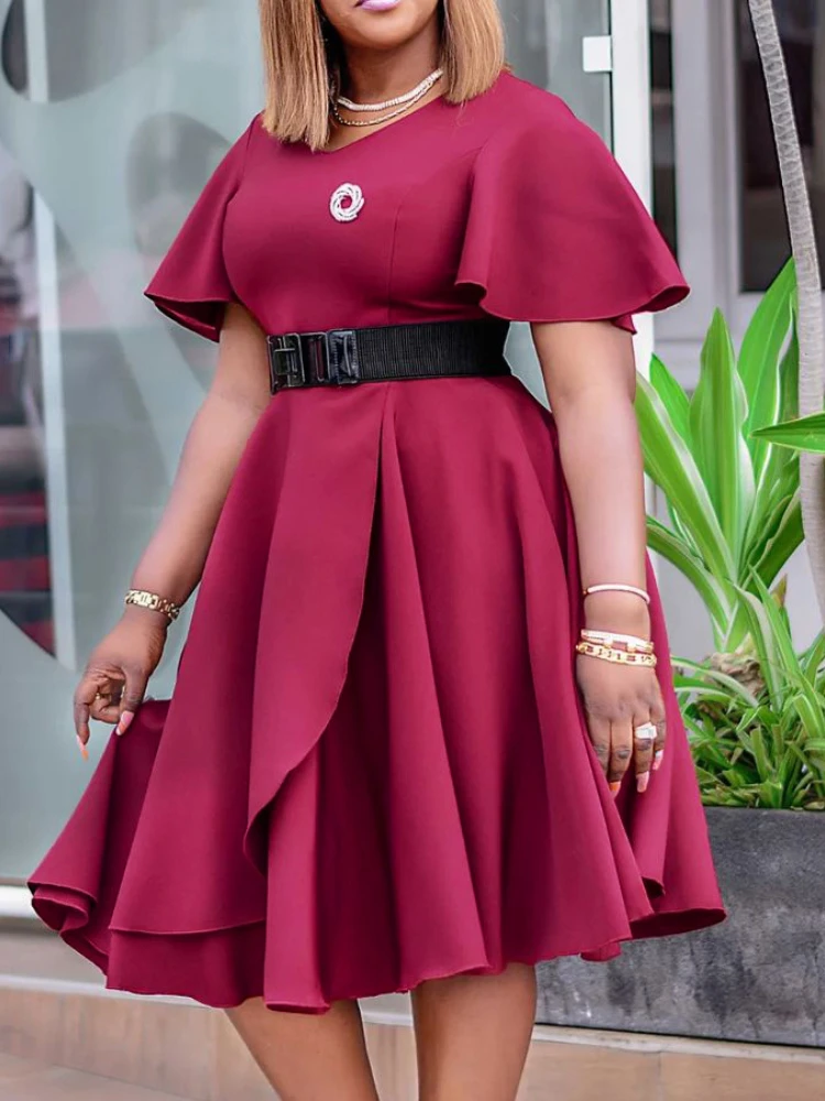 Summer new women's horn sleeve solid color large  plus size dresses plus size women clothing