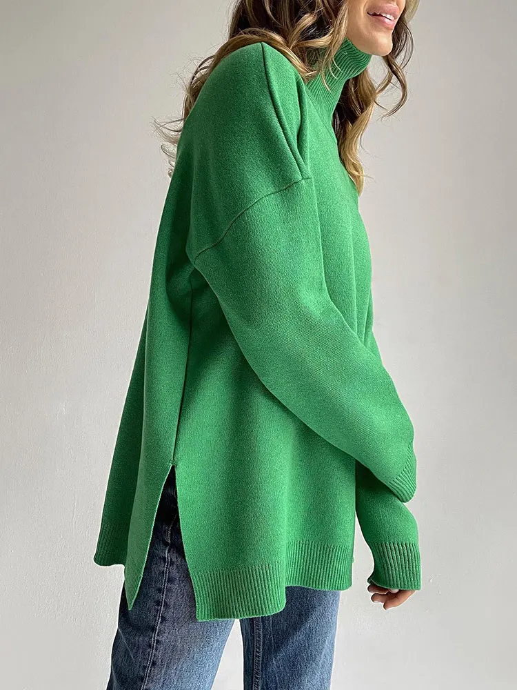 

Autumn Winter Women's Sweaters Turtleneck Women Pulovers Side Split Knitted Jumpers Christmas Sweater Oversize Pull For Women