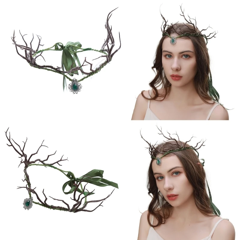 

Unique Branch Headband with Pendant Christmas Headpiece Ethnic Style Forehead Jewelry for Women Prom Party
