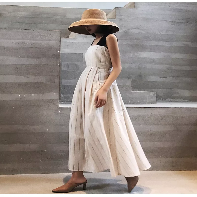 

Women Casual Sleeveless Strap Linen Mid-calf Dress Summer striped Female Sundress Vestido