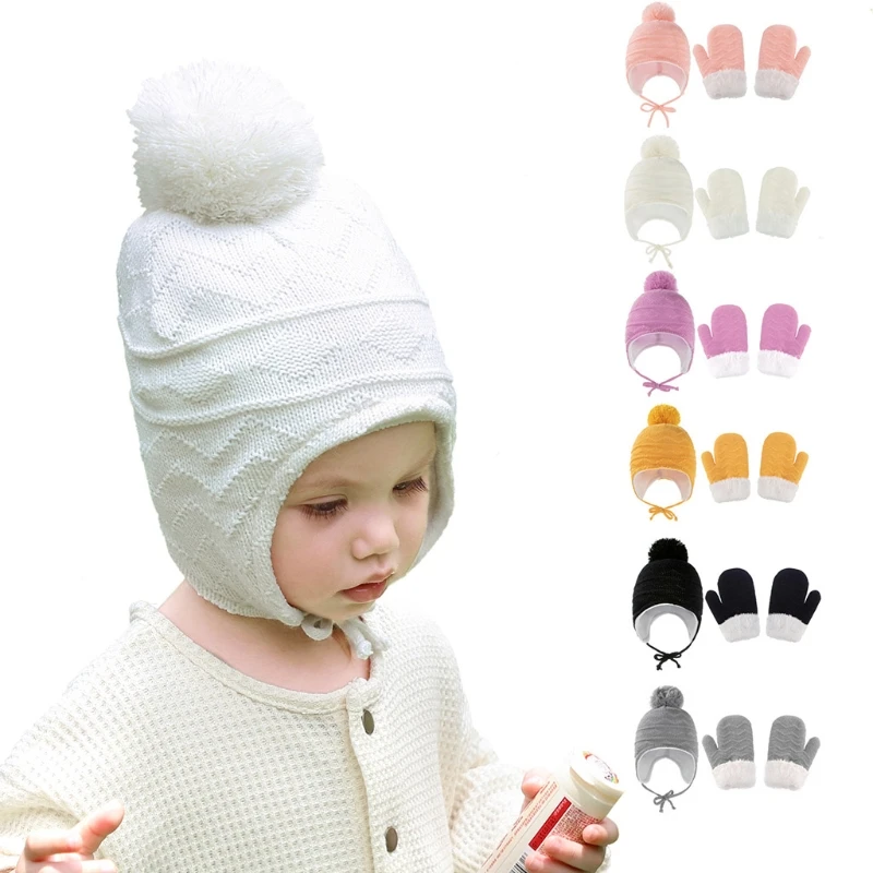 

Winter Warm Baby Solid Color Earflap Hat Gloves Set Fur Ball Beanies Mitten