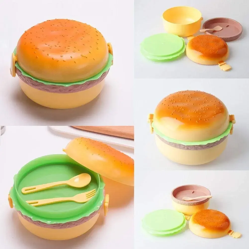 

New Cute Hamburger Double Tier Lunch Box Burger Box Bento Lunchbox Children School Food Container Tableware Set with Fork Kids