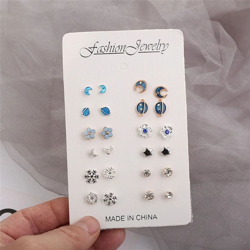 

12 Pairs Multiple Piercing Stud Earrings Moon Star Planet Snowflake Jewelry Gift