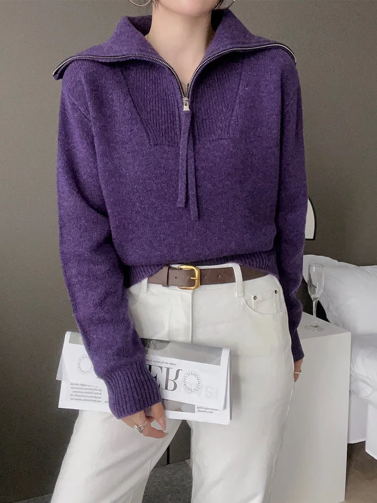 Пуловер женский из 100% мериносовой шерсти на молнии с отложным воротником