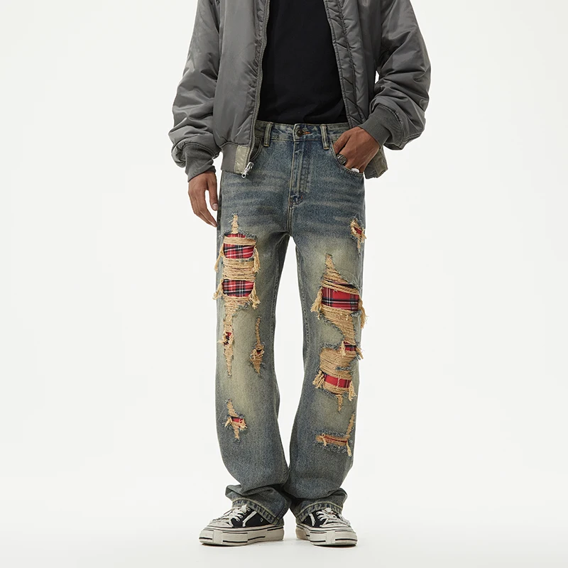 Джинсы мужские рваные с заплатками свободные прямые брюки из денима