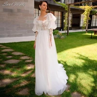 boho appliques lace wedding dresses for women long sleeves beach wedding gowns princess tulle long bride dress vestido de novia