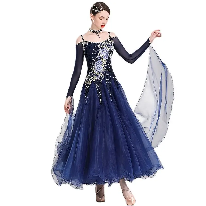 Женское платье для бальных танцев с открытыми плечами и длинным рукавом