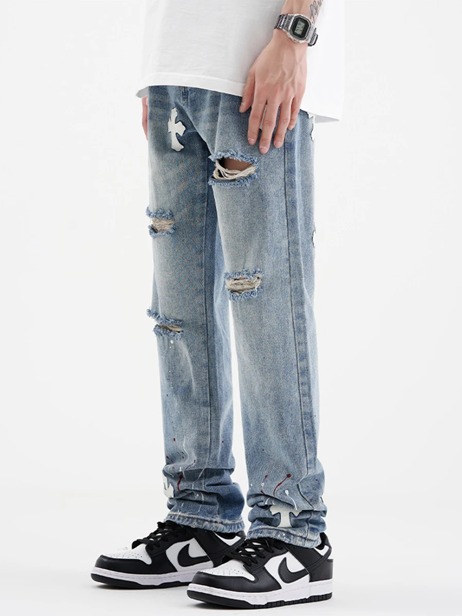 Four Seasons Men's Jeans Ripped Patch Fabric Cross Patch Loose Straight Denim Trousers Y2k Men Jeans Streetwear Men Ins Hot Sale