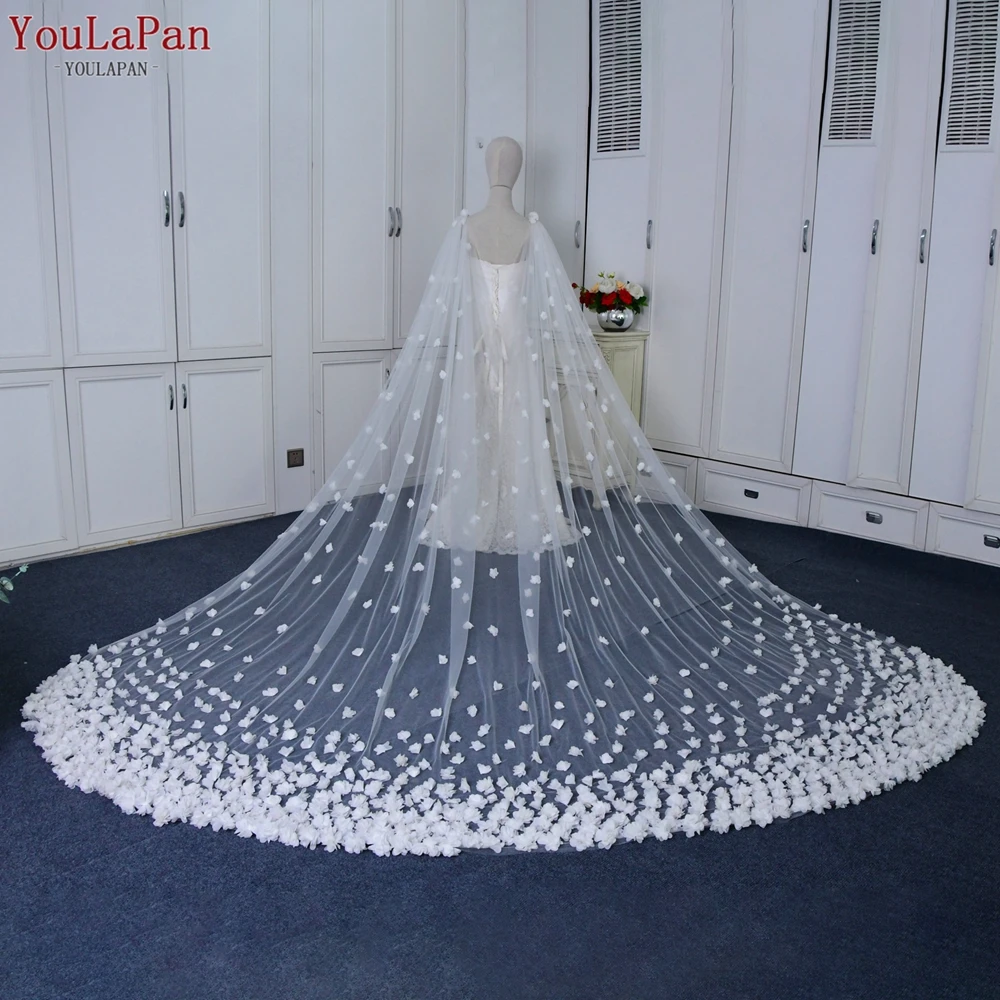 

YouLaPan VG44 Bridal Cape Veils 3D Flowers Wedding Veil Cathedral Length Cloak Bolero Women Plus Size Church Shawl Long Shrugs
