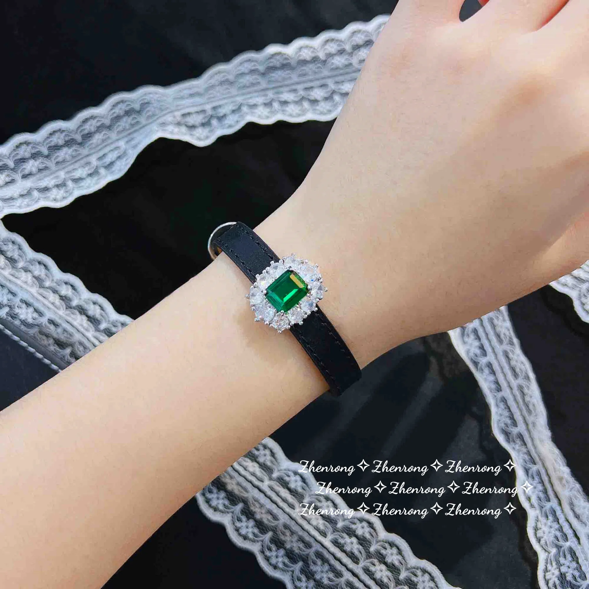 

Foydjew Luxury Simulation Emerald Wristband Bracelets For Women Two-wear Belt Watch Leather Rope Adjustable Bracelet 22cm Chain