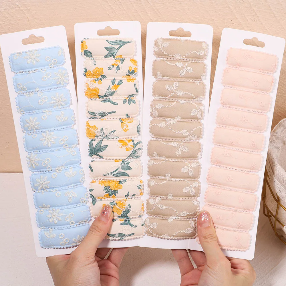 

10Pcs/Set Basic Snap Baby Hair Clip Cotton Flower Print Bobby Hairpin Lace Sweet Summer Plain Striped Headwear Gifts Wholesale