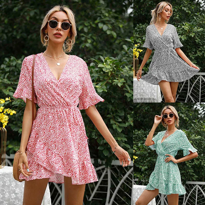 

2022 Fashion Floral Print Summer Sexy Deep V Neck Women's Mini Dress Casual Slim Solid Short Sleeve Ruffle Patchwork Lady Dress