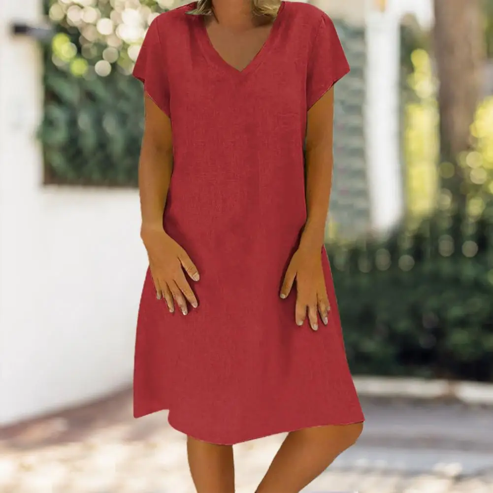 

V-Neck Short Sleeve Women Dress Loose Fit Thin Knee Length Washable Solid Color Casual Dress Streetwear