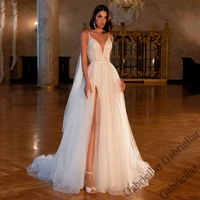 luxury wedding dress princess exquisite appliques v neck sleeveless zipper slit spaghe mopping gown vestido de novia 2022 women