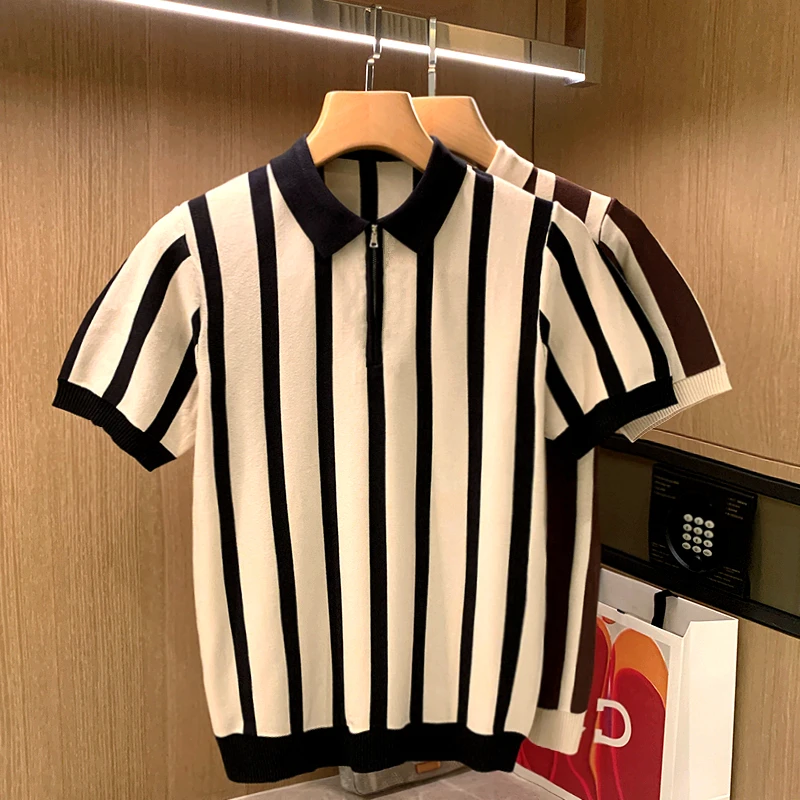 

Men's Clothing Summer Short Sleeve Stripe Knitting Casual Lapel Pullover Men Breathable Sweater Polo Shirts Tops C56