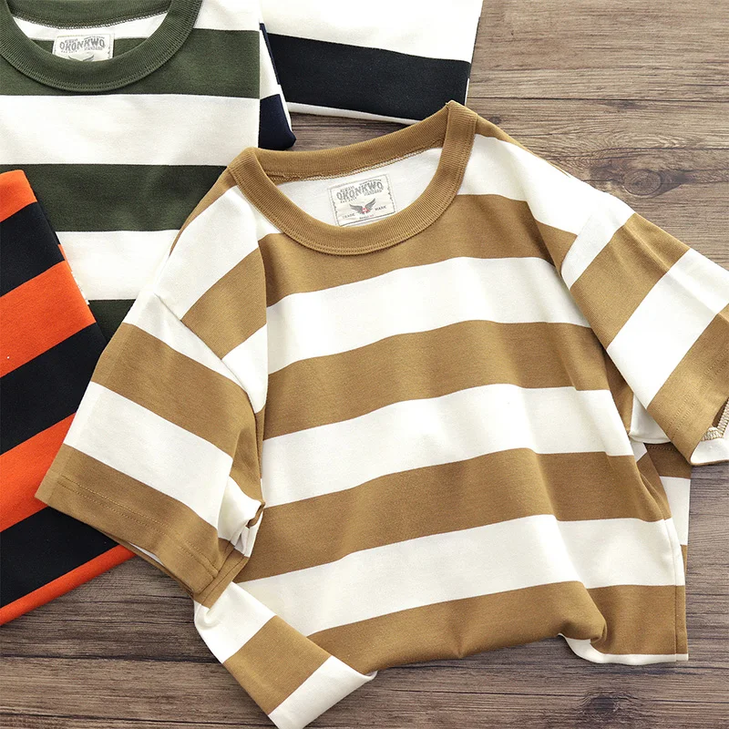 

Summer New American Retro Heavyweight Short Sleeve Striped T-shirt Men's Fashion 100% Cotton Round Neck Washed Old Casual Tops