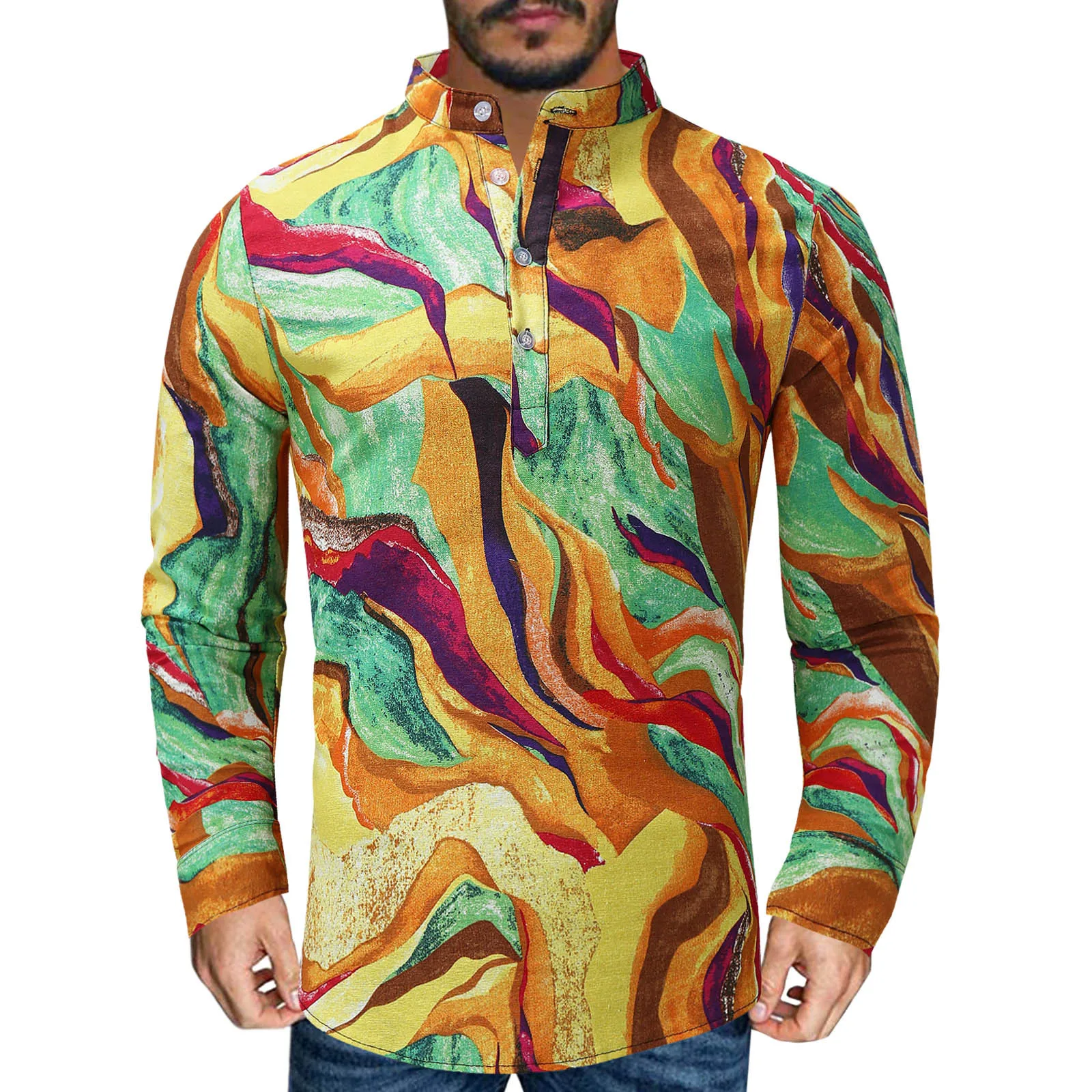 

Мужская Этническая рубашка из хлопка и льна с длинным рукавом и воротником-стойкой