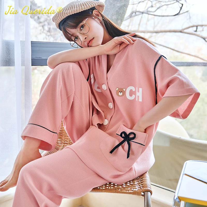 

Fashion Kimono Cardigan Womens Pajamas Set Two Piece Summer Sleepwear for Girl Kawaii Dropshipping Lady Waffle Cotton Loungewear
