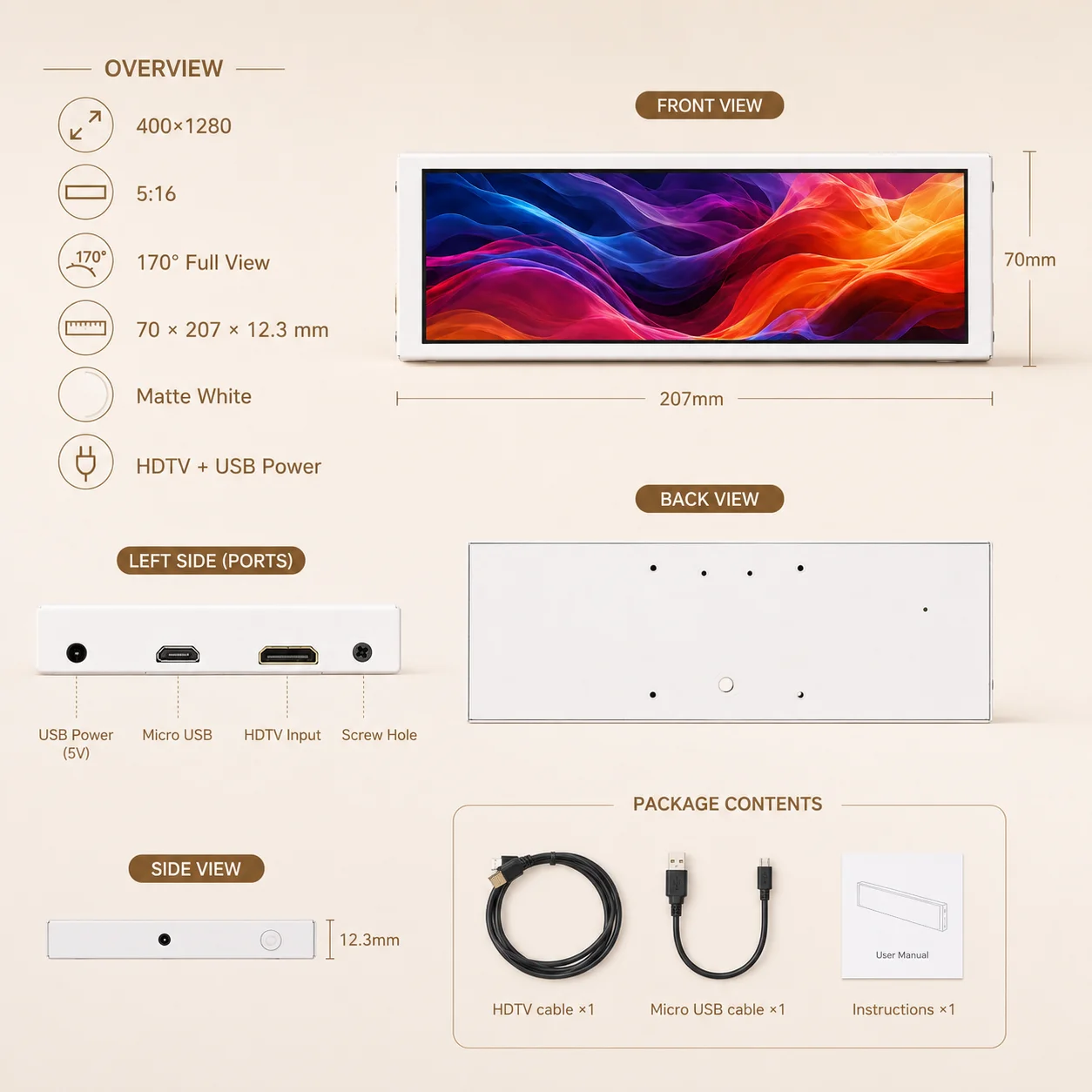 Фото LESOWN Белый 7.9'' Внешний экран без драйверов для DIY микропК, дисплей 400x1280 miniHDTV 60Гц №5