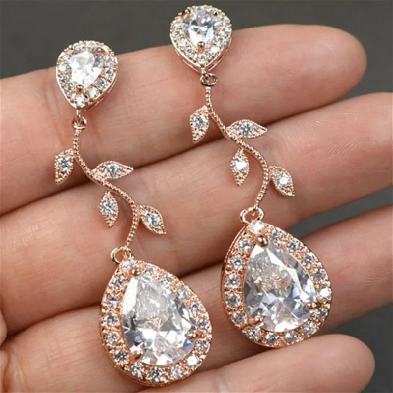 

Luxury White Crystal Zircon Leaf Dangle Earrings for Women Oval Water Drop Earring Jewelry Wedding Party Accessories
