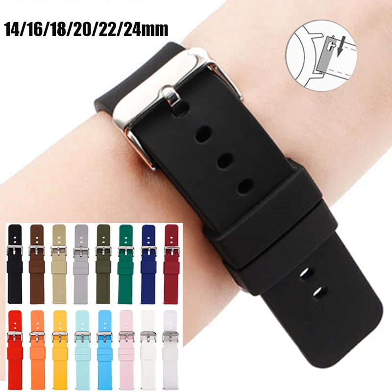 

12/14/16/18/19/20/21/22/24mm Silicone Rubber Strap Men Women Sport Waterproof Quick Release Smart Watch Band Polished Buckle