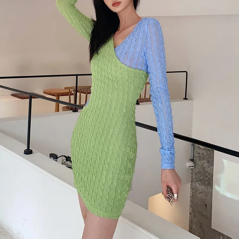 

Платье женское Облегающее с длинным рукавом, пикантное офисное элегантное мини-платье-стрейч с V-образным вырезом, с прострочкой, на осень