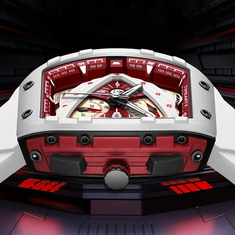 Фото Механические часы TIMEARTX 2026 Luxury Skeleton Tonneau для мужчин, водонепроницаемые спортивные наручные часы с разноцветным силиконовым ремешком №4