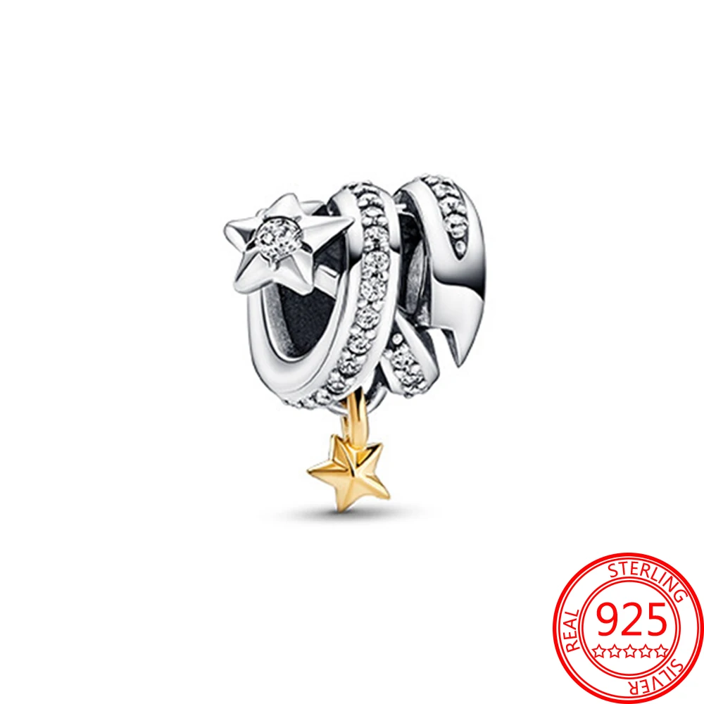 

Trendy S925 Silver Gold Plated Pavé Zircon Sparkling Around Stars Dangle Charm Fit Pandora Bracelet DIY Jewelry Gift Making