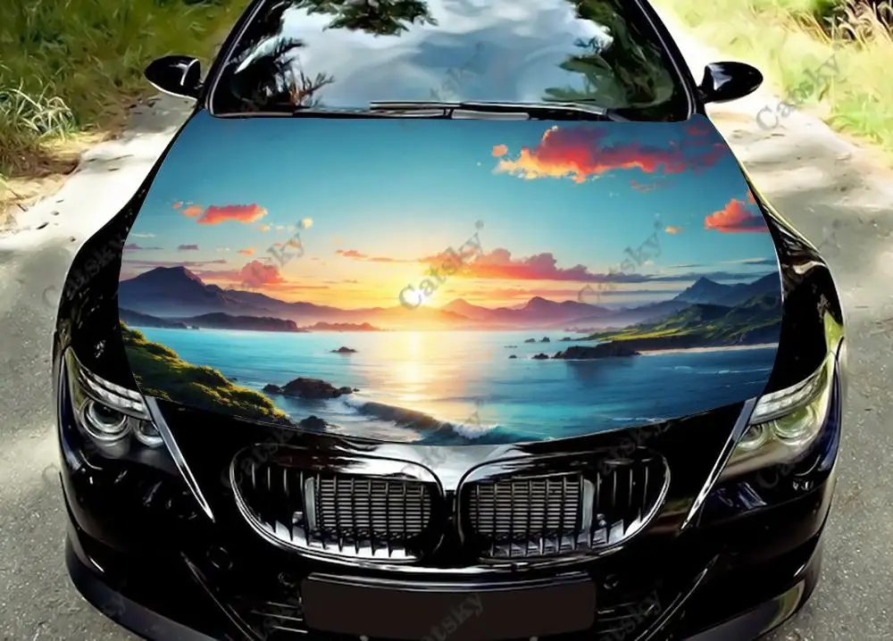 

Виниловая наклейка на капот автомобиля, виниловая пленка с принтом природы, пляжа, неба, наклейки на крышку двигателя, аксессуары для автомобиля, украшение