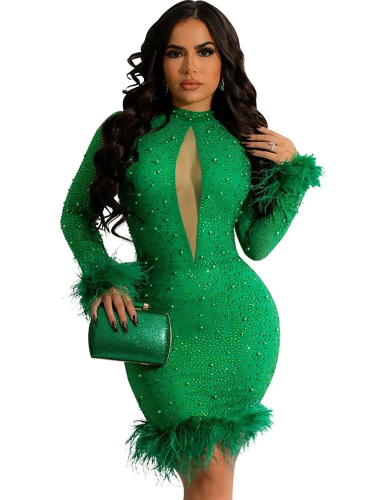 

Sexy Feather Rhinestone Party Prom Mesh Dress See Through Night Club Outfits For Women Evening Gowns Clubwear Bodycon Dresses