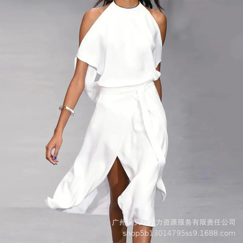 

Женское длинное вечернее платье с открытыми плечами, повседневное ажурное платье макси с разрезом, высокой талией и поясом, свободное плать...