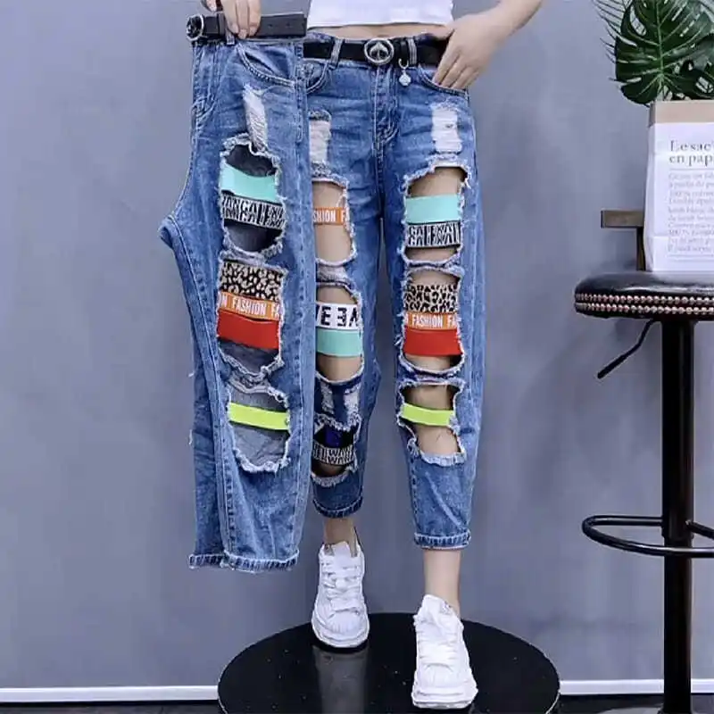 

2022 Women Ripped Loose High Waist Ankle Length Denim Pants Female Vintage Jeans Trousers Ladies Casual Autumn Wear Pants G26