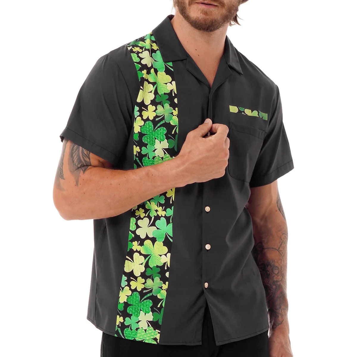 Mens Clover Print Bowling Shirt Casual Notched Collar Short Sleeve Button Down Tops Fashion Casual 50s Turn Down Collar Shirt