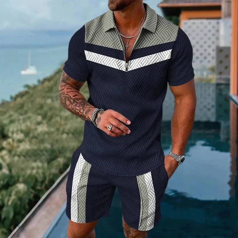 Summer Men's Luxury Polo T-shirts Shorts 2 Pices Set Fashionable Sports Suits Vintage Striped Printed Men's Casual Sportwear