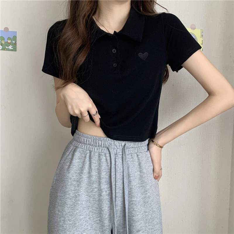 

Футболка Y2K женская с вышивкой в форме сердца, приталенный Повседневный короткий топ с отложным воротником, с коротким рукавом, для лета