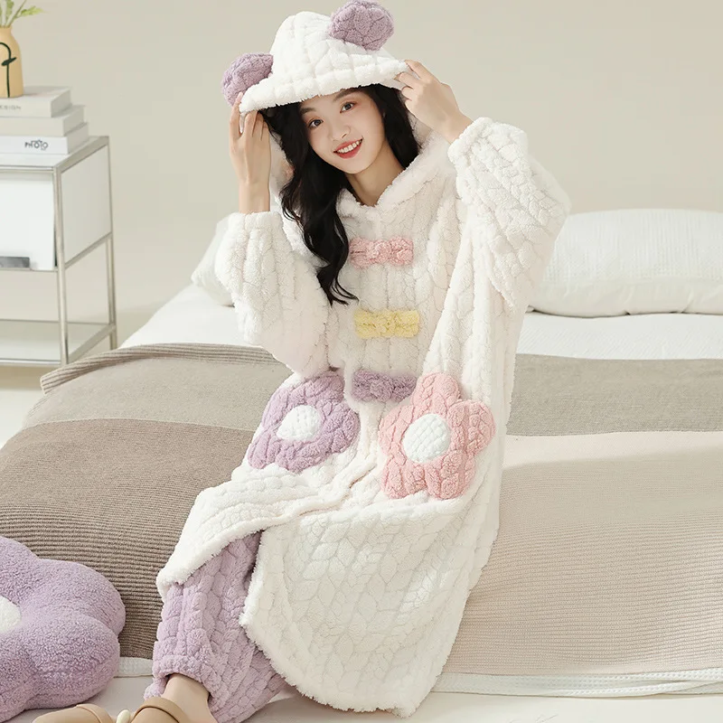 Panda Cartoon Cute Winter Warm Nightwear for Women Coral Fleece Robe &amp Pant 2Pcs/set Sleepwear with Hood Young Girl Mujer Pyjama