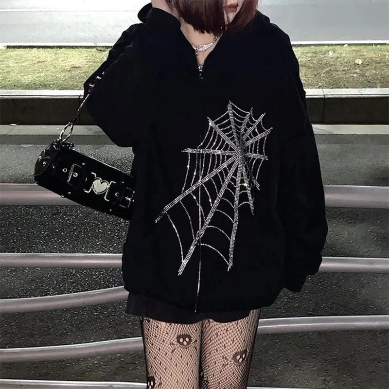 

Black Y2K Skeleton Women Hoodies Rhinestone Retro Zip Up Sweatshirts Casual Female Oversized Harajuku Jacket Streetwear Hooded