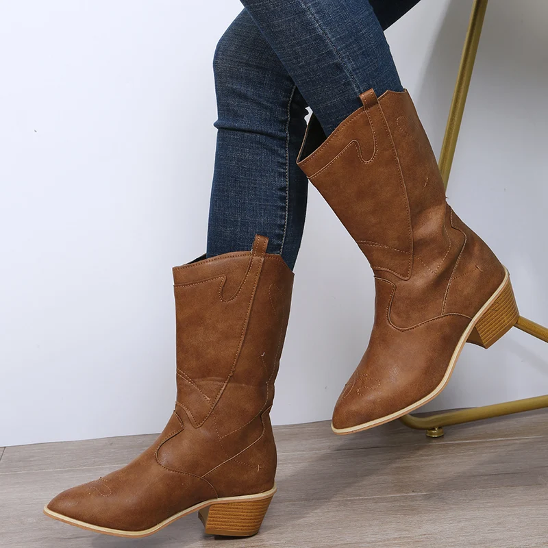 Platform Boots Women 2022 Fall/Winter Fashion Leather Pointed Toe High Heels Ladies Designer Shoes Hksz Mid Calf Botine 1