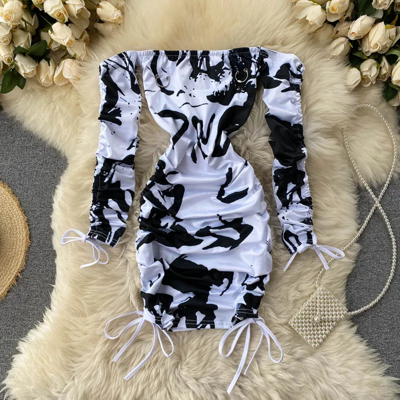 Korean Autumn New Package Hip Dress Women Fashion Long-Sleeved Sexy High Waist Slim Drawstring  Vintage Vestidos P229