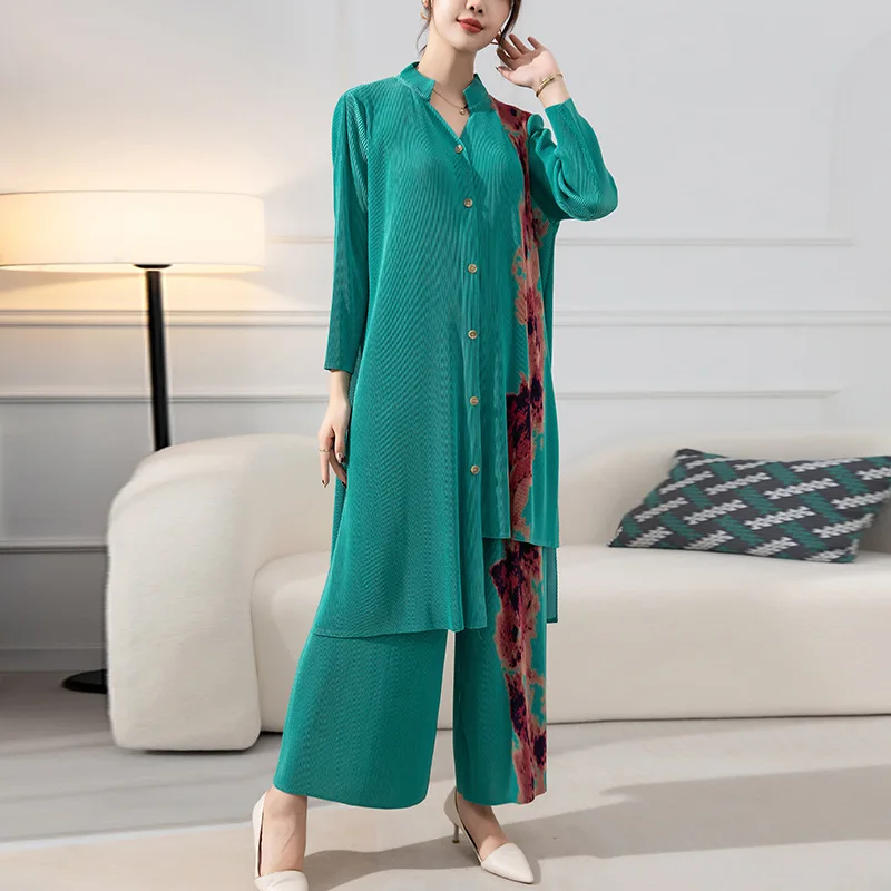 

Women's Suit Autumn Winter 2022 New Printed Loose Stretch Miyake Pleated Two Piece Set Irregular Long Shirt + Wide Leg Pants