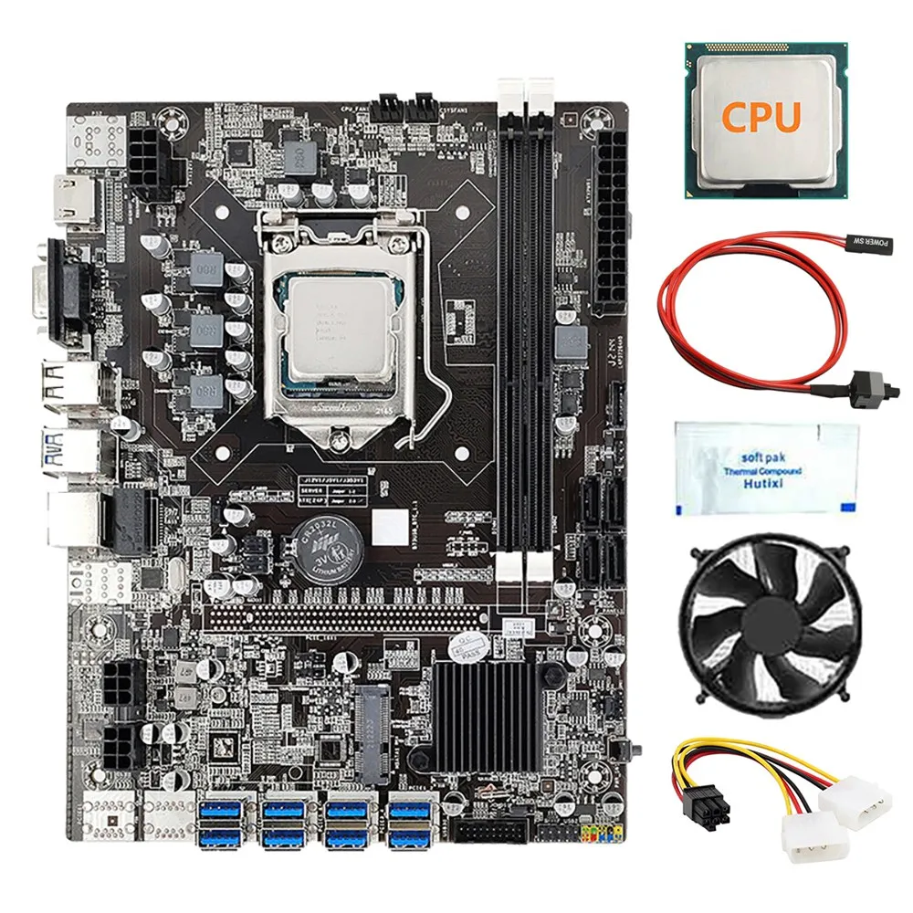 

Материнская плата B75 8 GPU BTC для майнинга + ЦП + вентилятор + термопаста + кабель питания + кабель переключателя 8 USB3.0(PCIE) LGA1155 DDR3 RAM SATA3.0