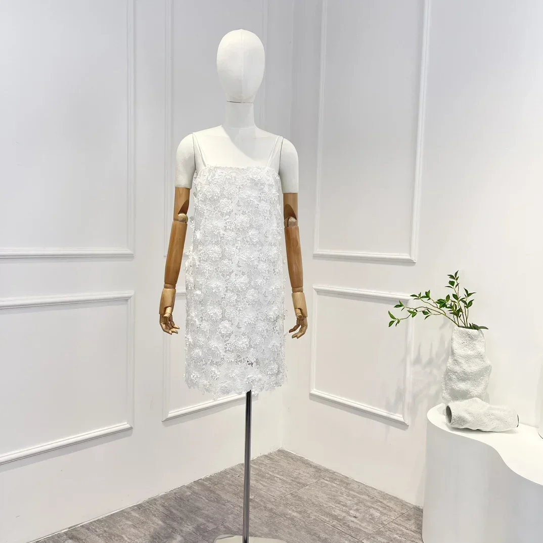 

2023 New Collection Spring Summer Top Quality Hook Flower Solid White Lace Slip Mini Dresses Women