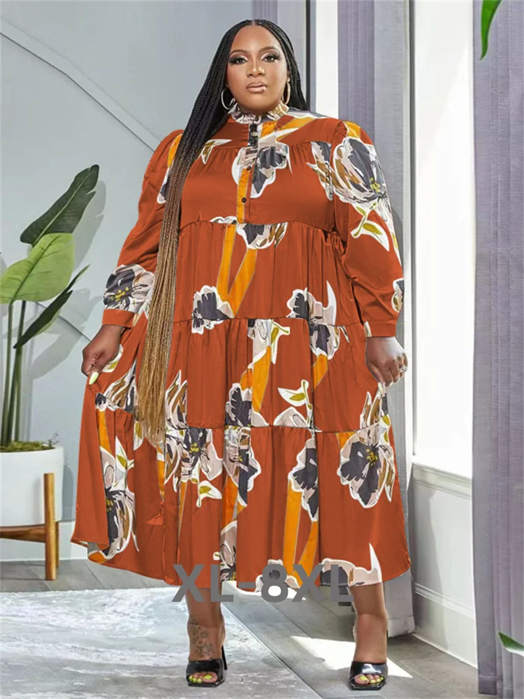 Plus Size Dresses for Women 5xl Loose Long Sleeve Flowers Print Casual Big Hem Maxi Shirts Dress Whole 3xl 4xl 5xl 6xl