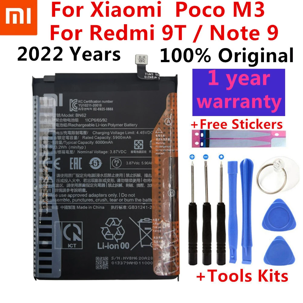 100% Original Xiao Mi 6000mAh BN62 Battery For Xiaomi Pocophone Poco M3 For Note 9 Redmi 9T Bateria + Tools Free