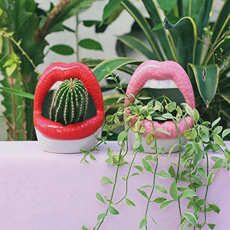 2PCS Creative Succulent Cactus Pot,Ceramic Small Flower Plants Containers Sexy Big Lips Planter, Red & Pink images - 6