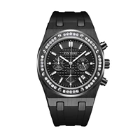 pintime hot new fashion men luxury black watch all dial work chrono stopwatch rubber strap diamond iced bezel quartz wristwatch