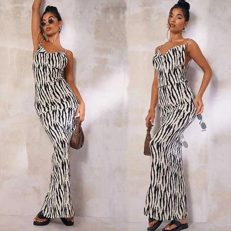 

Summer Style Dress Womens Clothing Fashion Printed Sexy V Neck Backless Strap Long