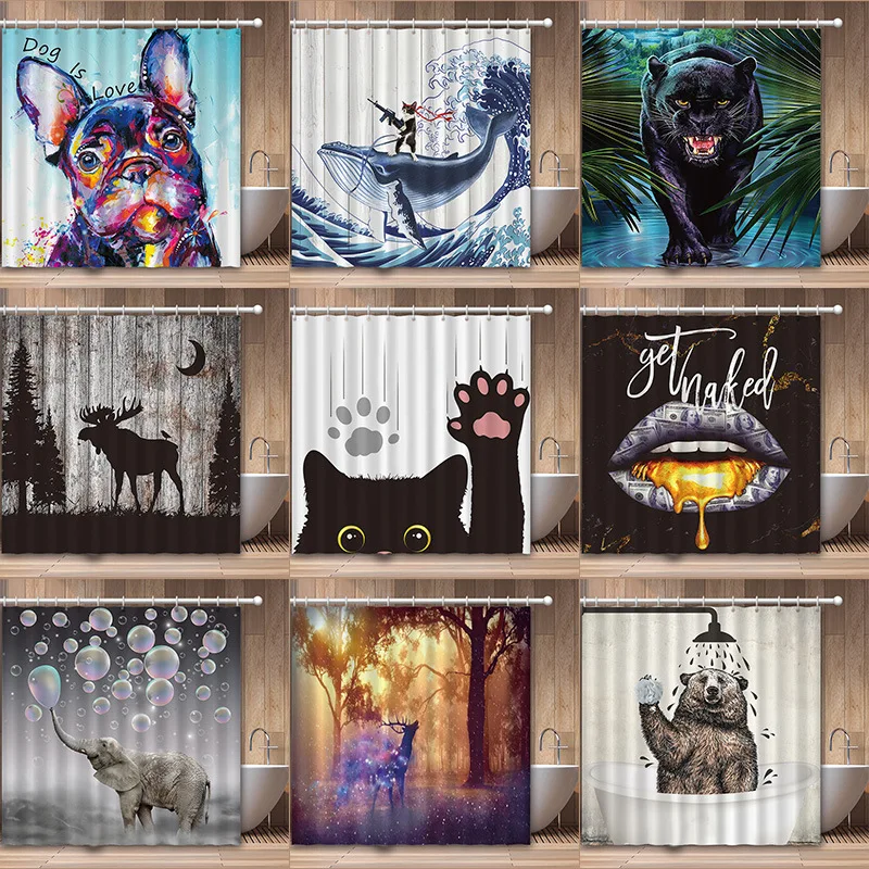 

Funny Cartoon Animal Shower Curtain 3D Cute Cat Dog Waterproof Polyester Bathroom Blackout Curtains Screen Decor Douchegordijn